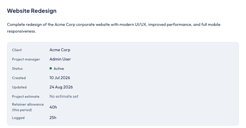 The Website Redesign project in DevFlow, showing the retainer allowance for this period and the hours logged against it.