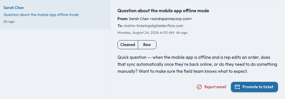 DevFlow's inbox with an inbound client email open in the reading pane, and a Promote to ticket control waiting for someone to place it on a project.